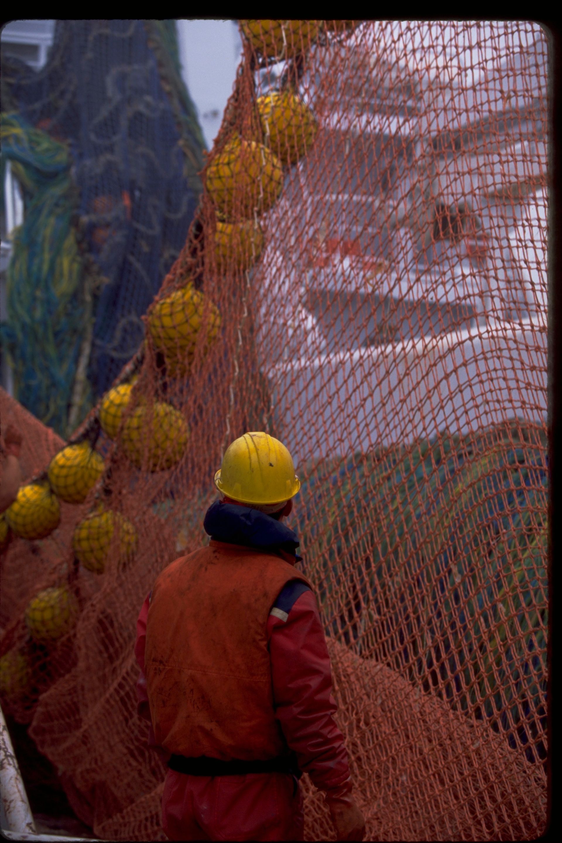 A man wearing a yellow hard hat is standing in front of a fishing net.