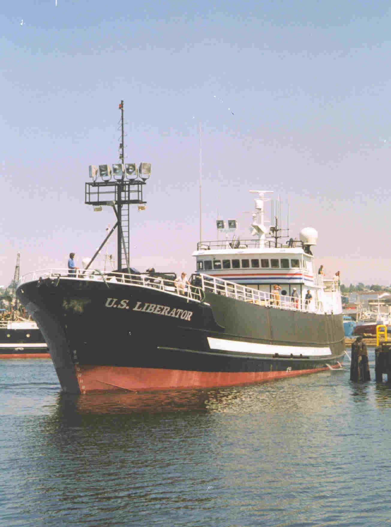 A large ship with the name u.s. liberator on the side
