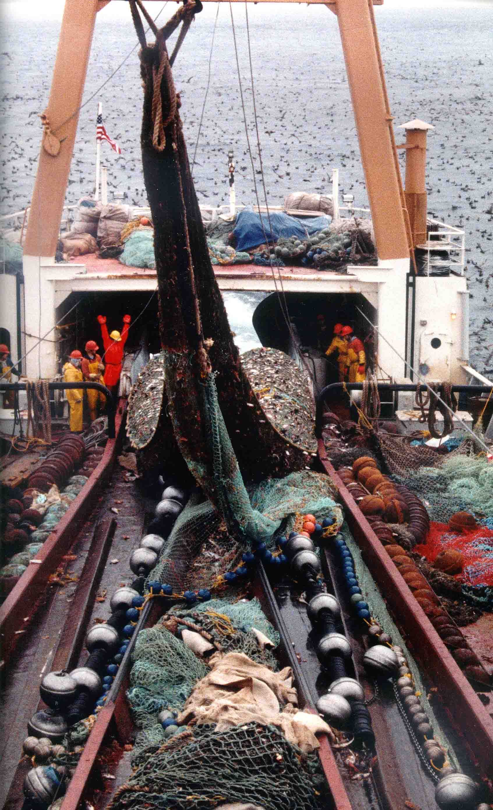 A large fishing net is being pulled out of the water on a boat