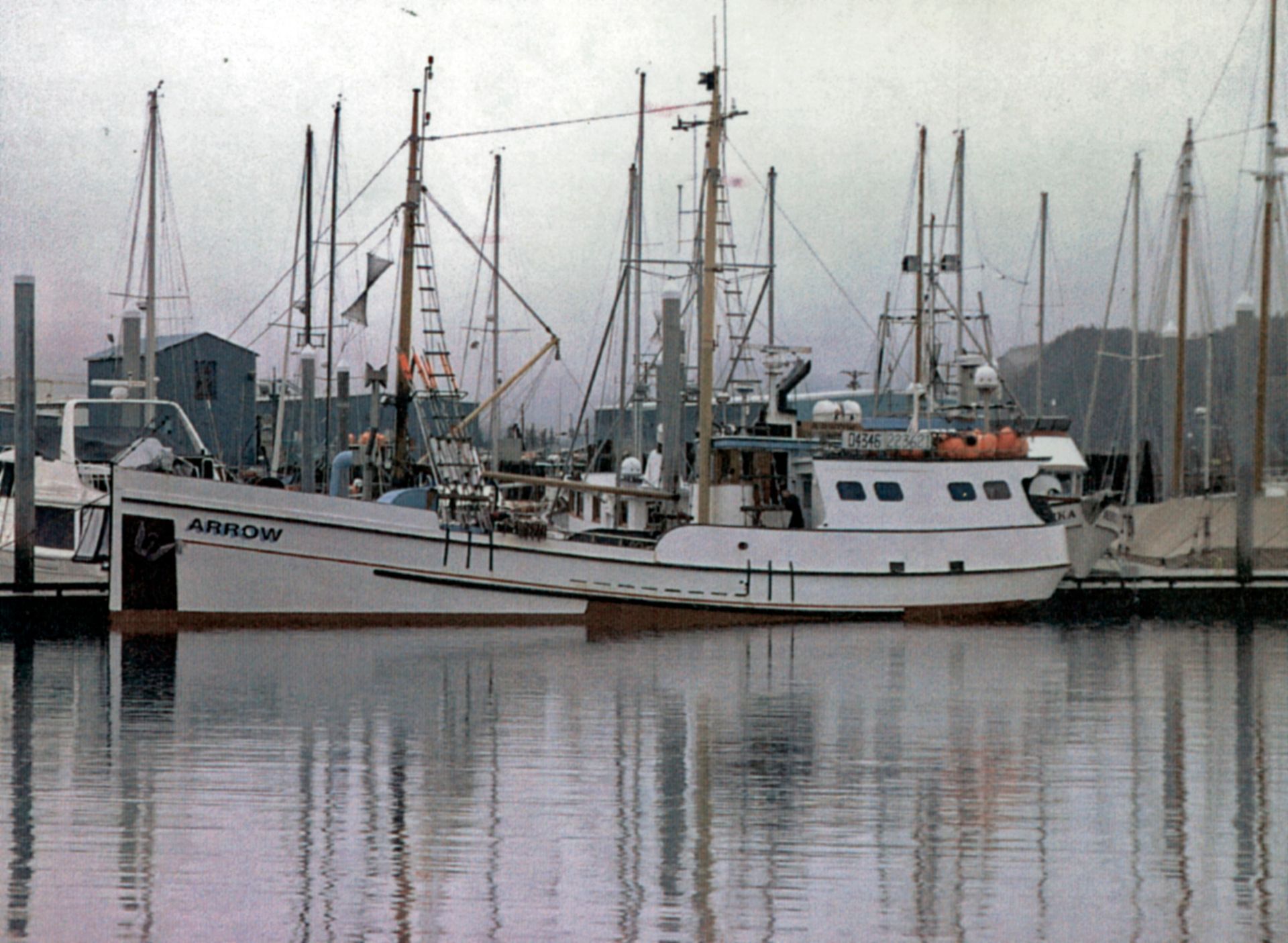 A boat named arrow is docked in a harbor