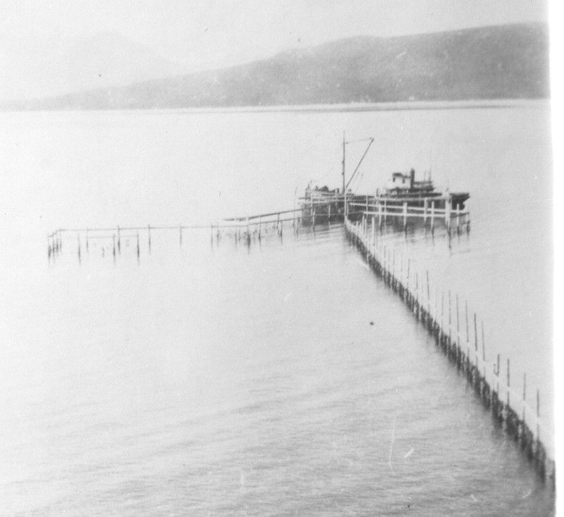 A black and white photo of a dock in the middle of a lake.