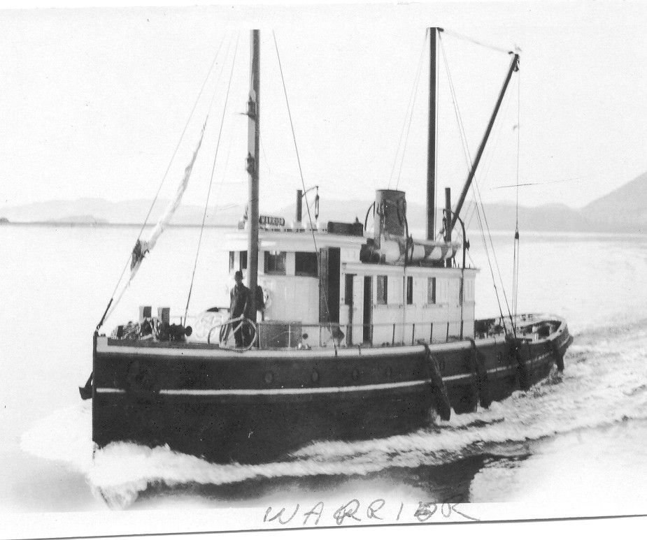 A black and white photo of a boat named warrior