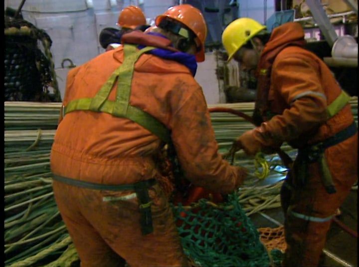 Two men in orange jumpsuits and hard hats are working on a net