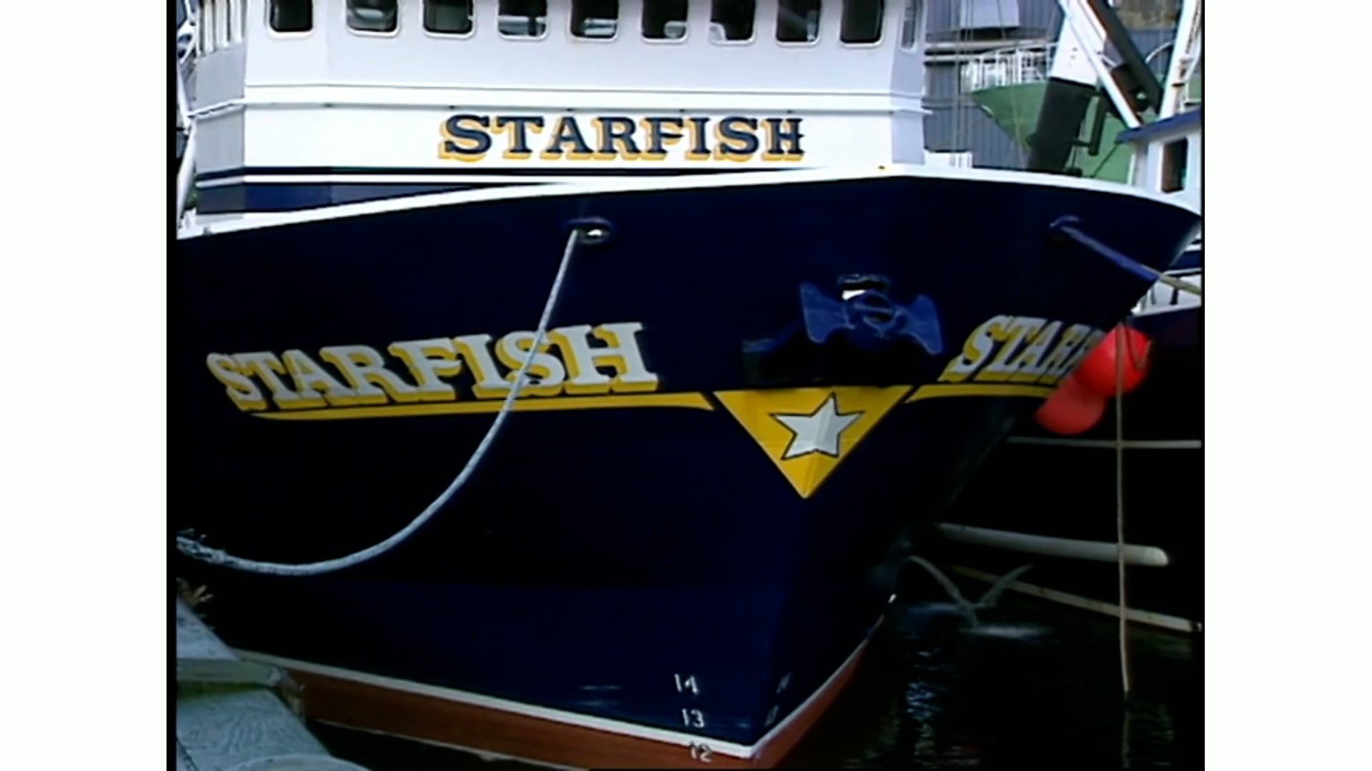 A blue starfish boat is docked in a harbor