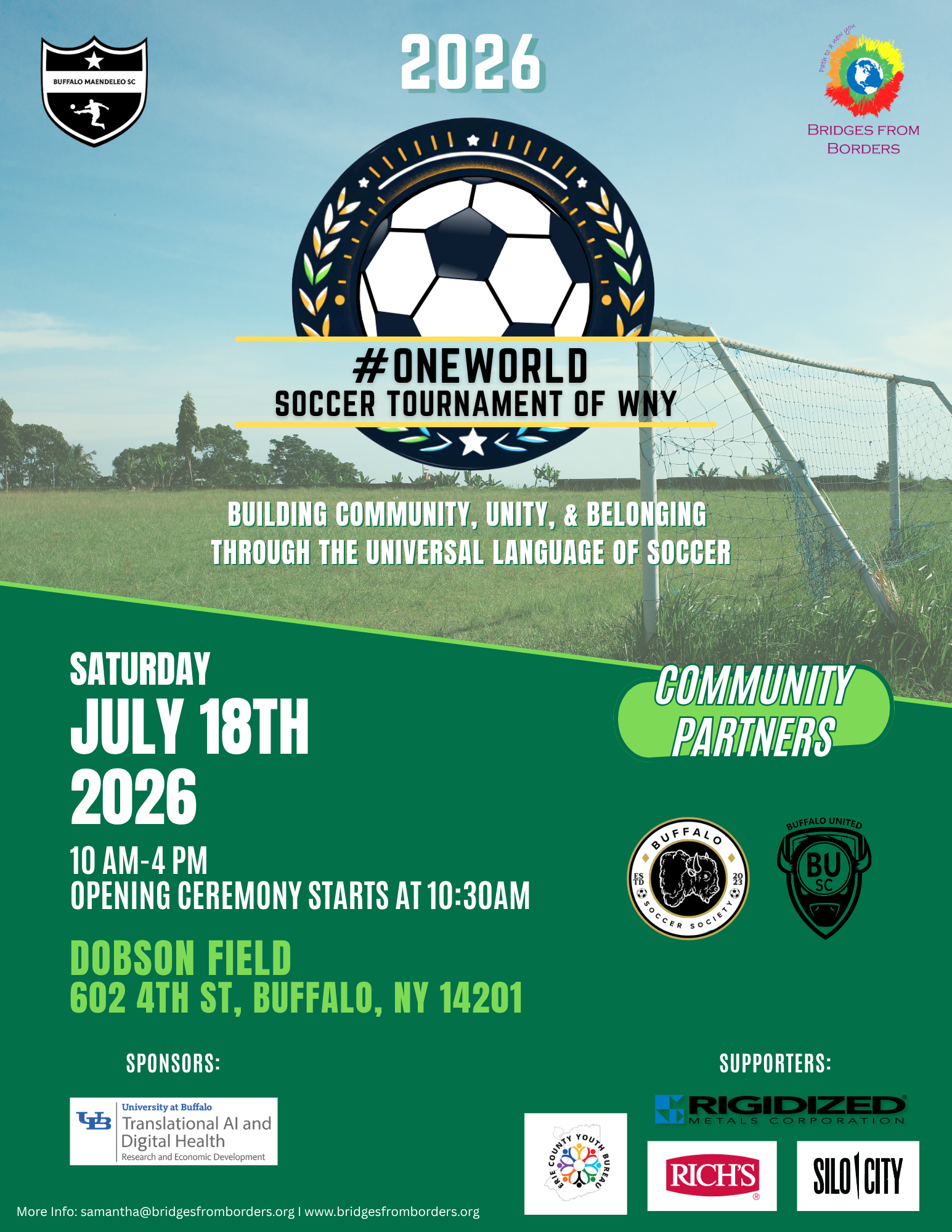 Summer 2026 soccer tournament flyer with green field, soccer ball, and #OneWorld branding