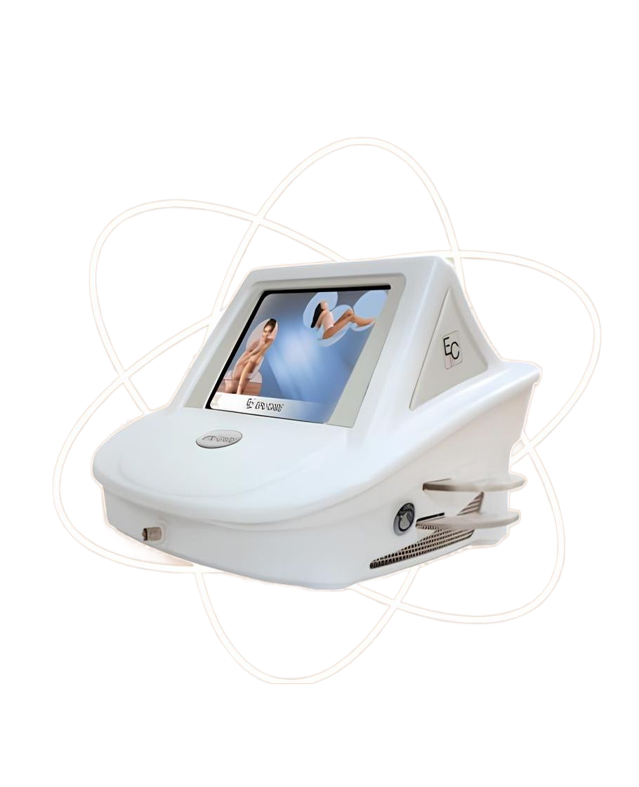 Un appareil blanc servant à l'épilation à lumière pulsée avec une photo d'une femme sur l'écran.