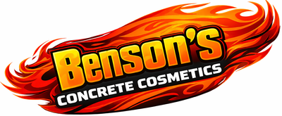 A logo for Benson's Concrete Cosmetics featuring yellow text on a fiery, orange and red flame-shaped background.