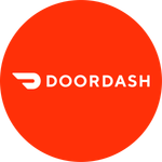 DoorDash logo: a white stylized icon and text on a bright red circular background.