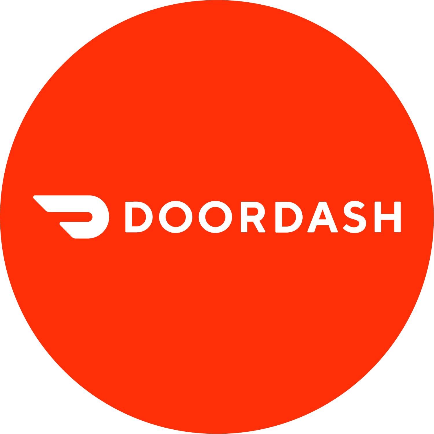 DoorDash logo: a white stylized icon and text on a bright red circular background.