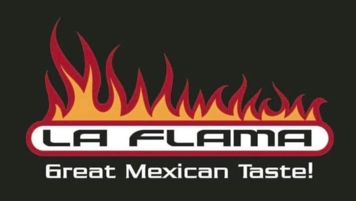 Logo for "La Flama" featuring stylized flames above the text with the tagline "Great Mexican Taste!" on a black background.