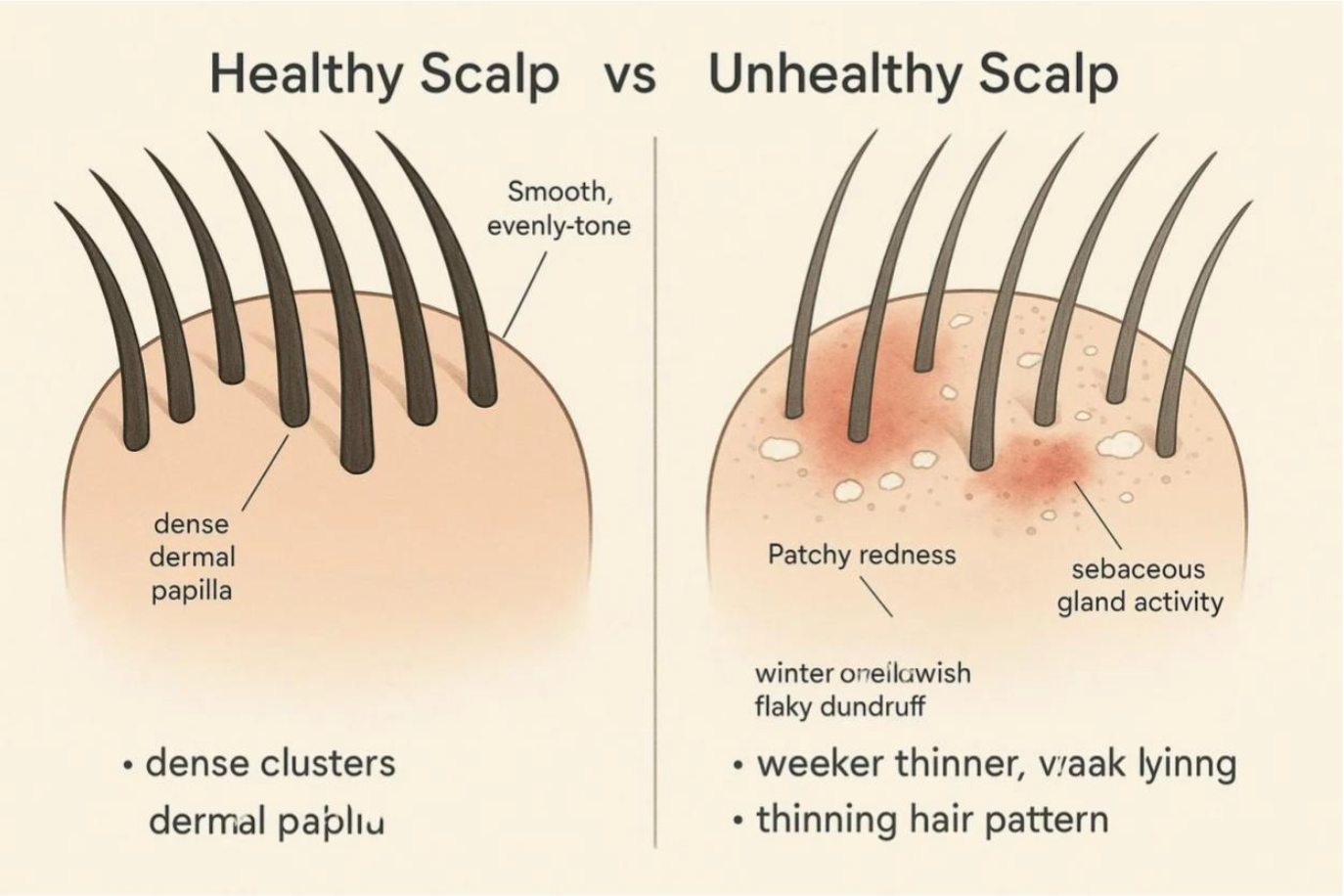 Diagram comparing a healthy and unhealthy scalp. Features dense dermal papilla, smooth tone vs. patchy redness, weaker hair, and dandruff.