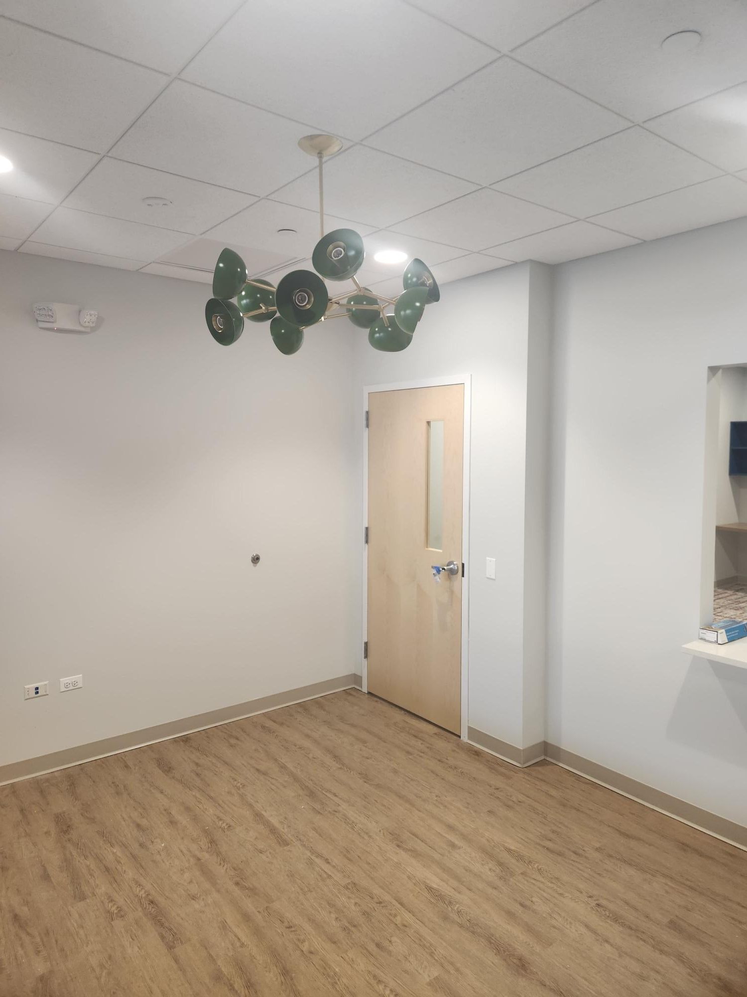 An empty room with a wooden floor and a door.