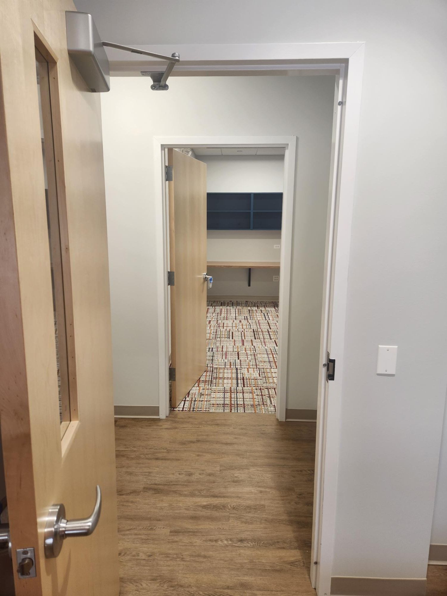 A hallway with a door and a window leading to a room.