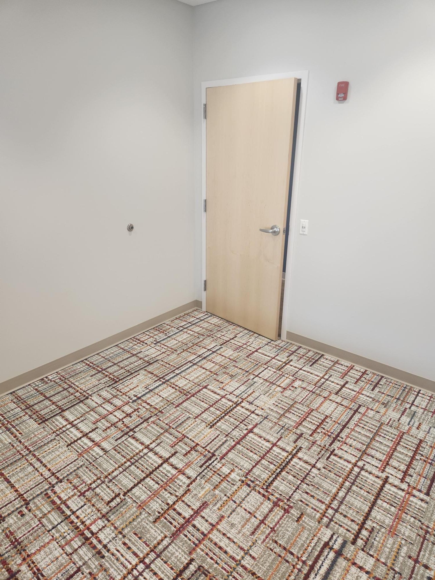 A room with a door and a carpeted floor.