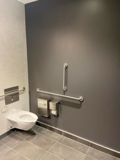 A bathroom with a toilet and handrails on the wall.