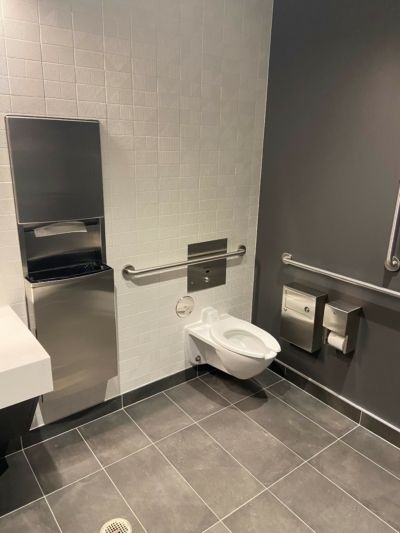 A bathroom with a toilet and a sink.