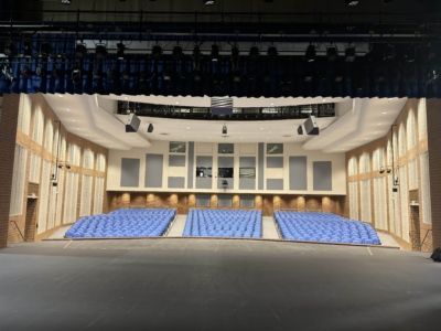 A large auditorium with blue seats and a blue curtain