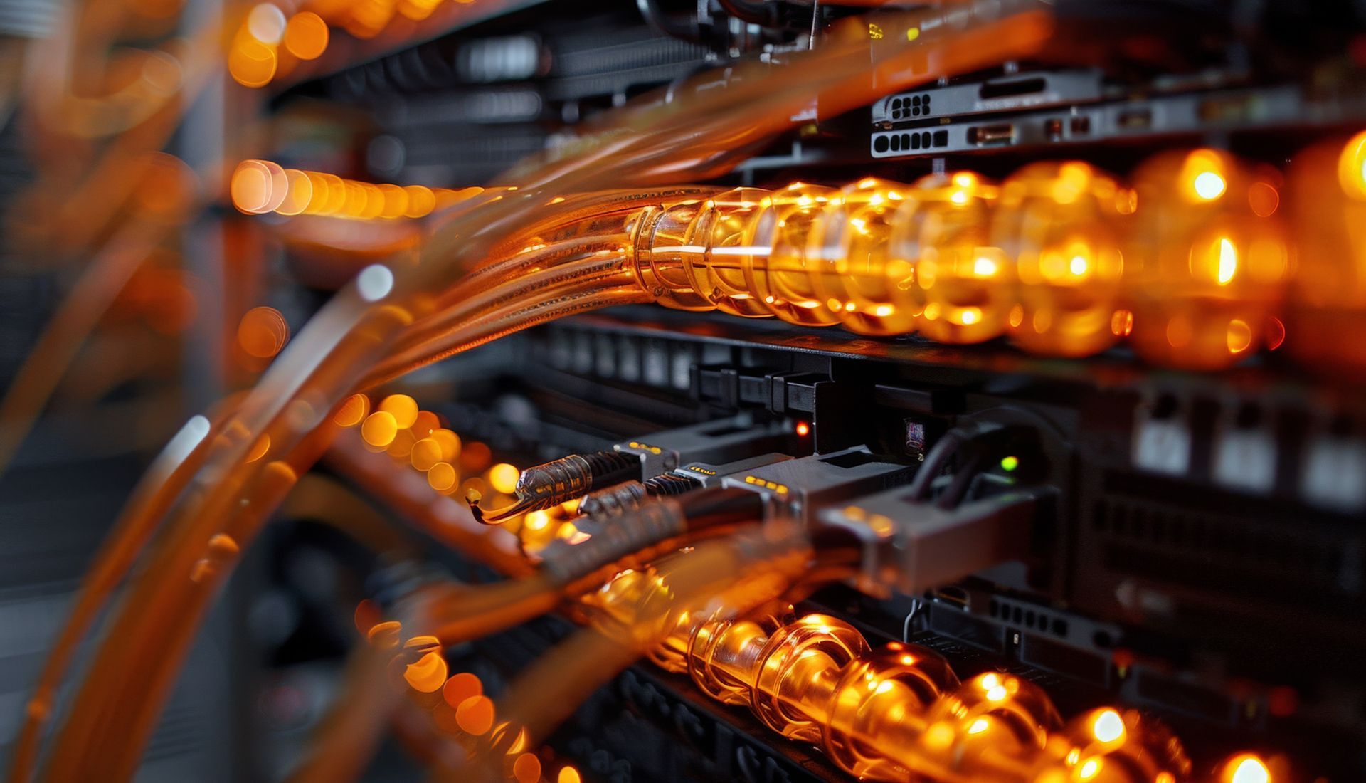 Orange network cables connected to server rack. Data center.