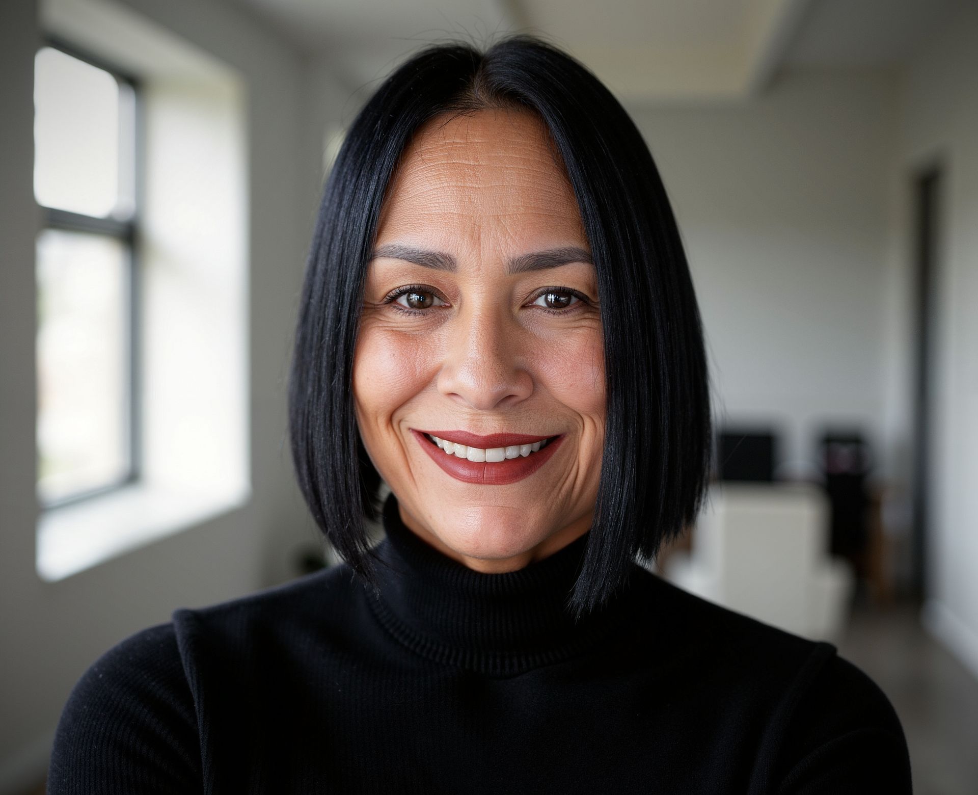 Woman with short black hair smiles, wearing a black turtleneck, in a well-lit office.
