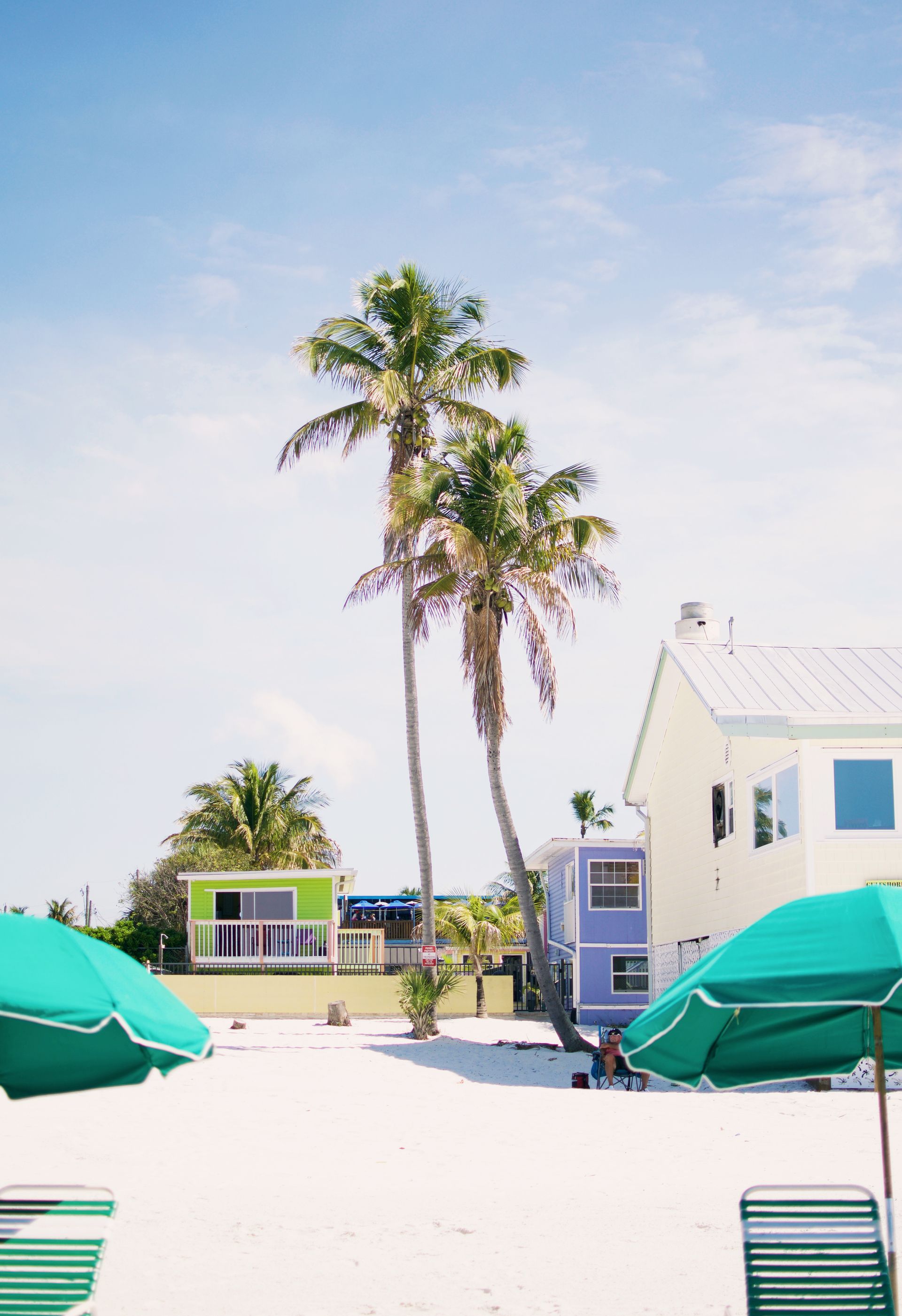Palm trees and colorful buildings on a sunny beach, with green umbrellas and lounge chairs.