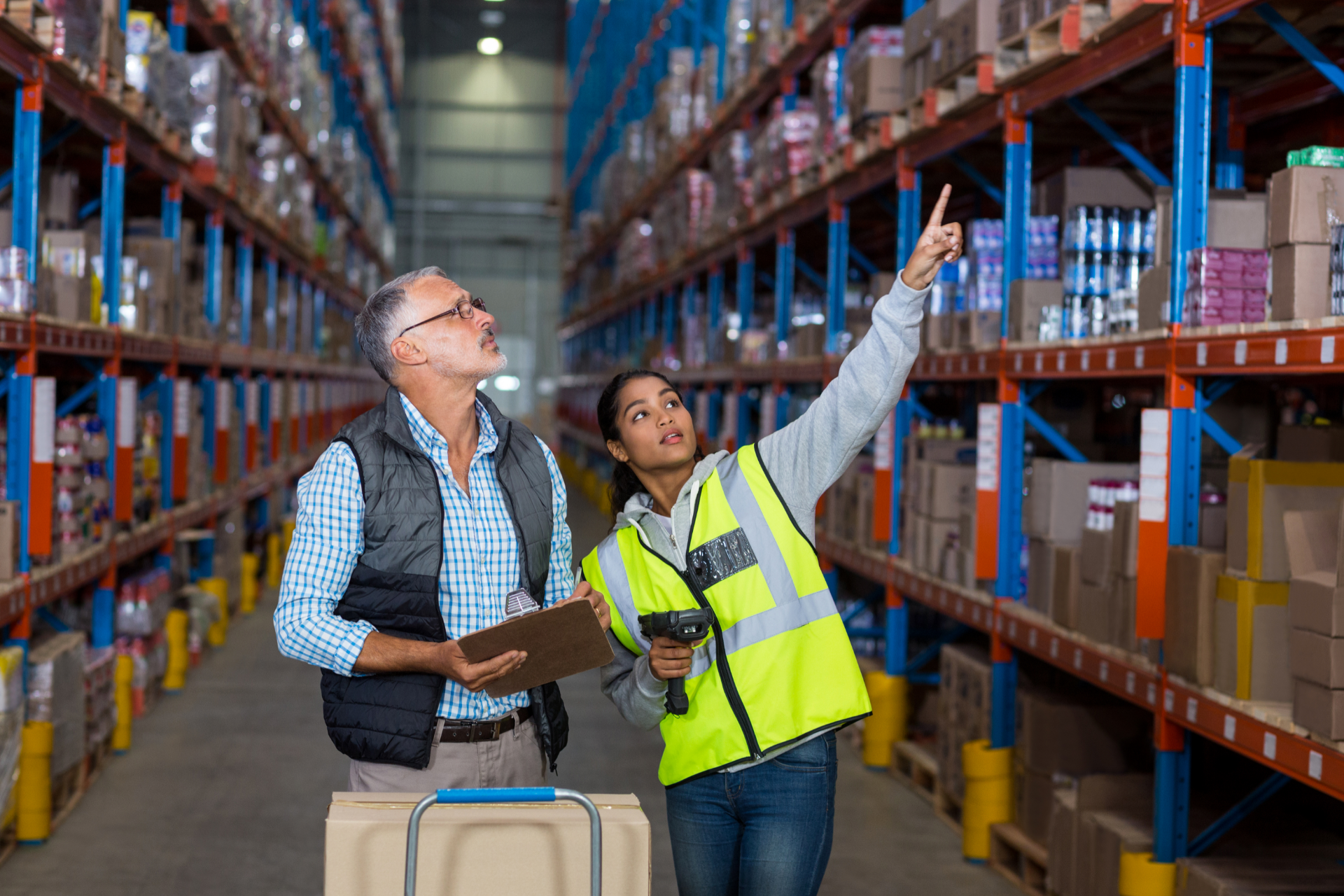 Woman packing a cardboard box, smiling. Boxes and another person nearby, in a room, light setting.