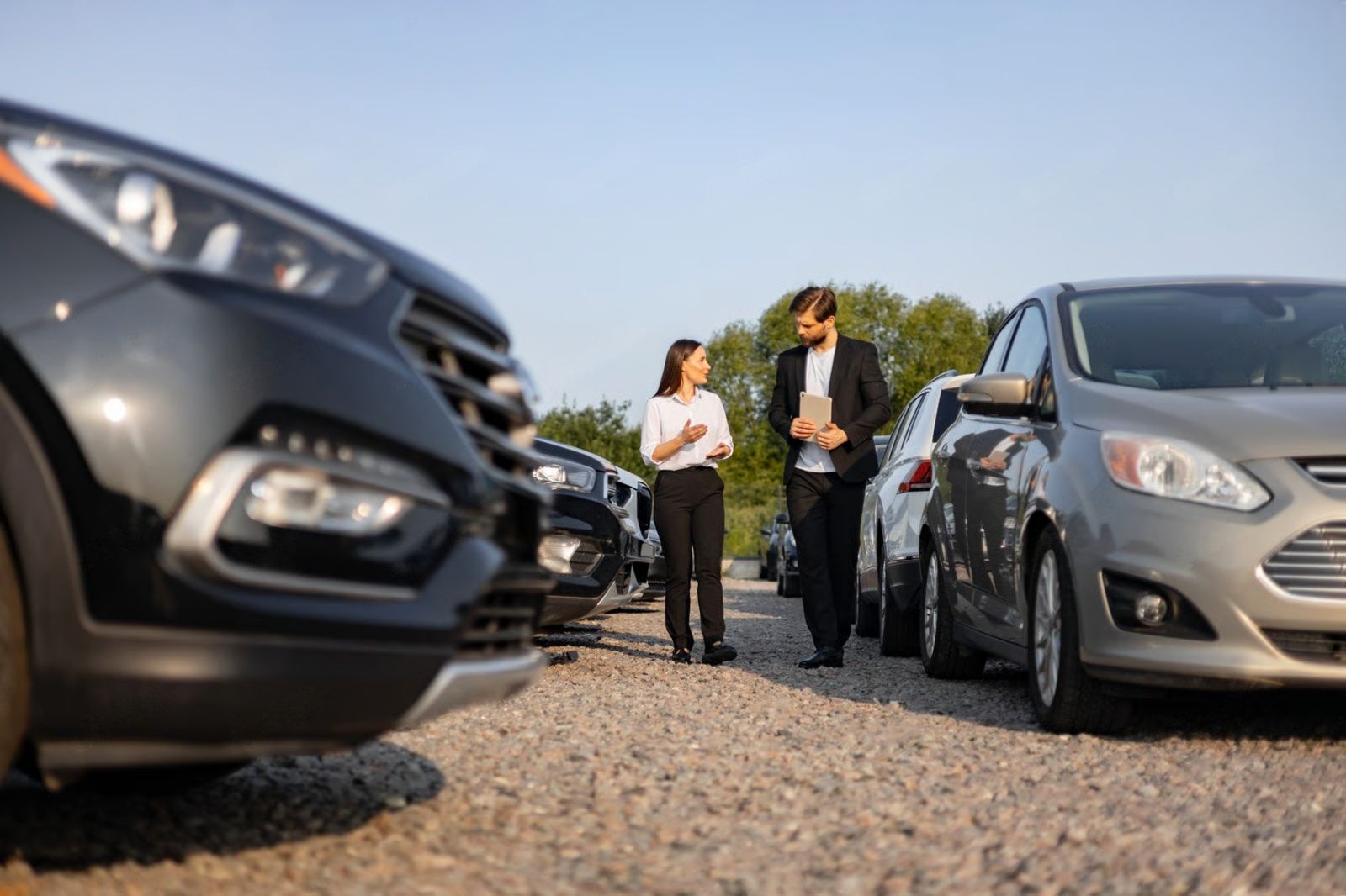 Two people walking between cars in a car lot, possibly a customer and salesperson.