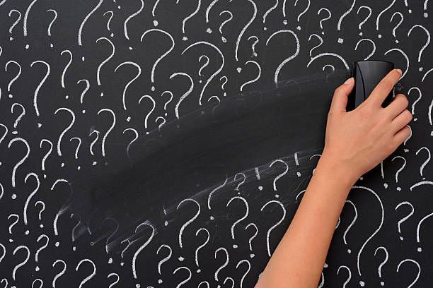 Schoolbord vol vraagtekens wordt gewist.