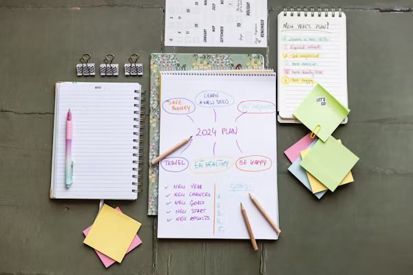 Bureau vol agenda’s, kalenders en post-its.