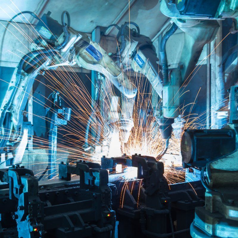 A robot is welding a piece of metal in a factory