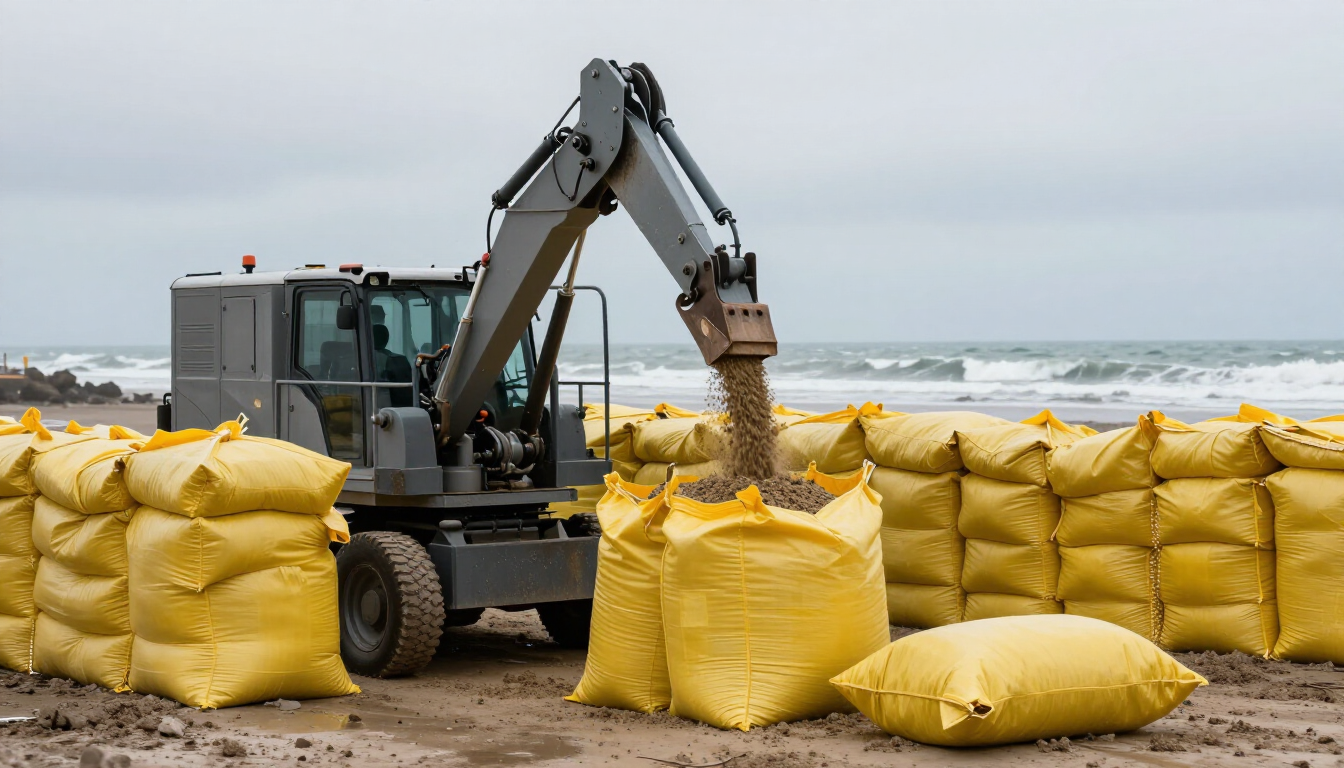 Sandbagging machine in use for cyclone preparation in Monkey Mia.