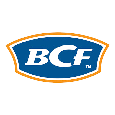 A blue and orange logo for bcf tm on a white background.