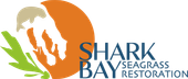 The logo for shark bay seagrass restoration has a blue leaf on it.