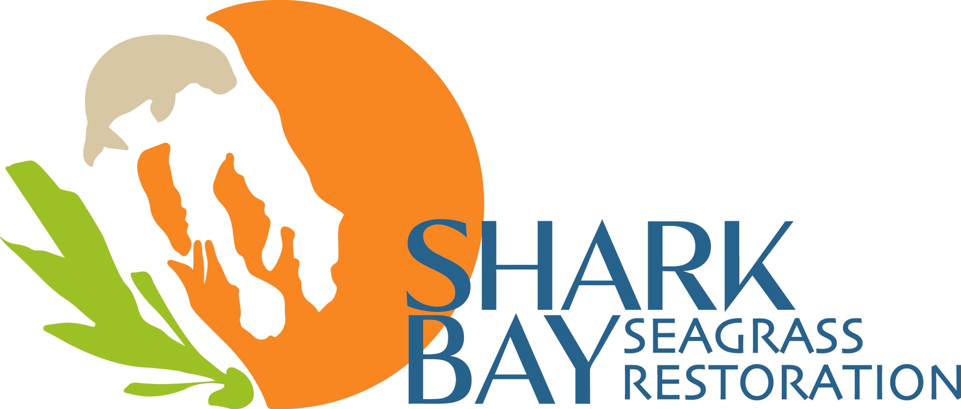 A logo for shark bay seagrass restoration with a blue leaf on a white background.