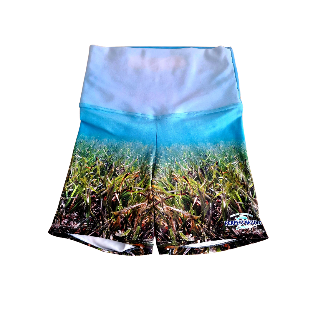 A pair of shorts with a picture of a field of seagrass on them.