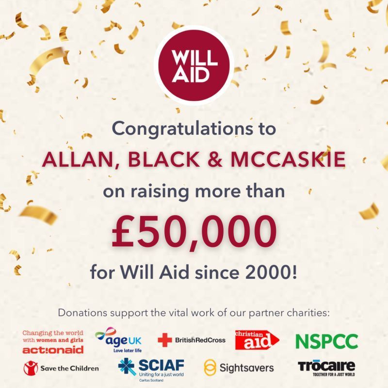 Congratulations to allan black and mccaskie on raising more than £50,000 for will aid since 2000