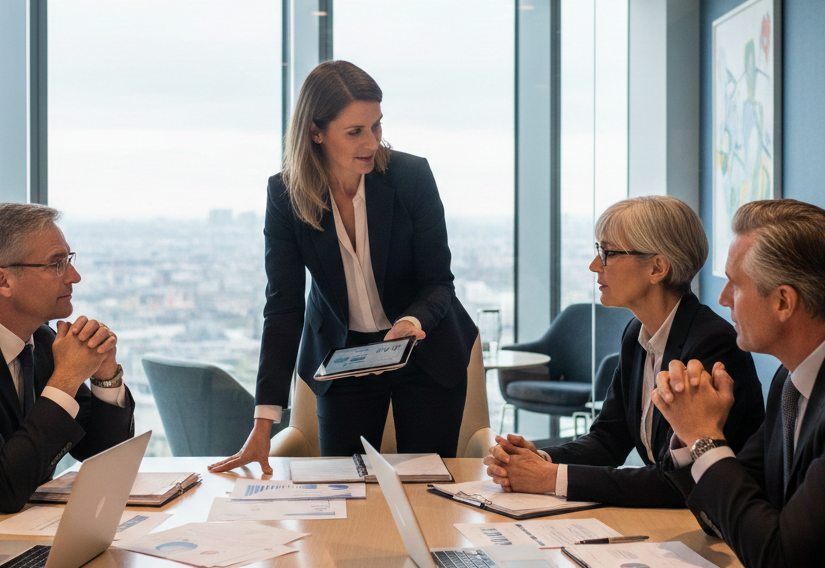 Fractional COO and IT director working with UK law firm leadership team in a strategic boardroom meeting