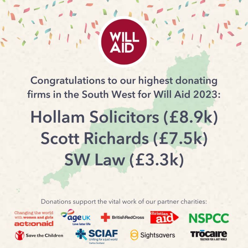 Congratulations to our highest donating firms in the south west for will aid 2023