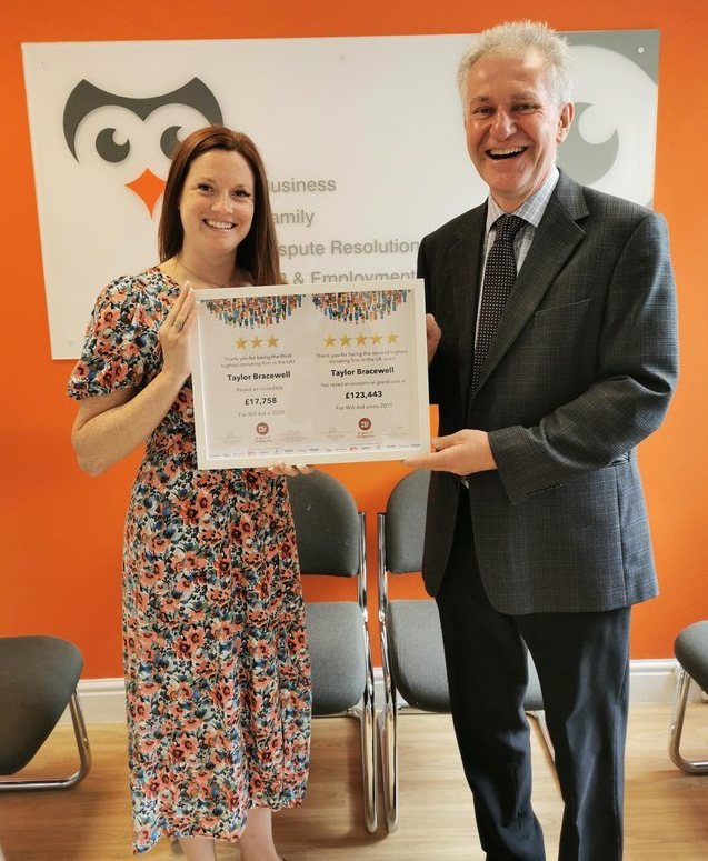 A man and a woman holding a certificate in front of an orange wall