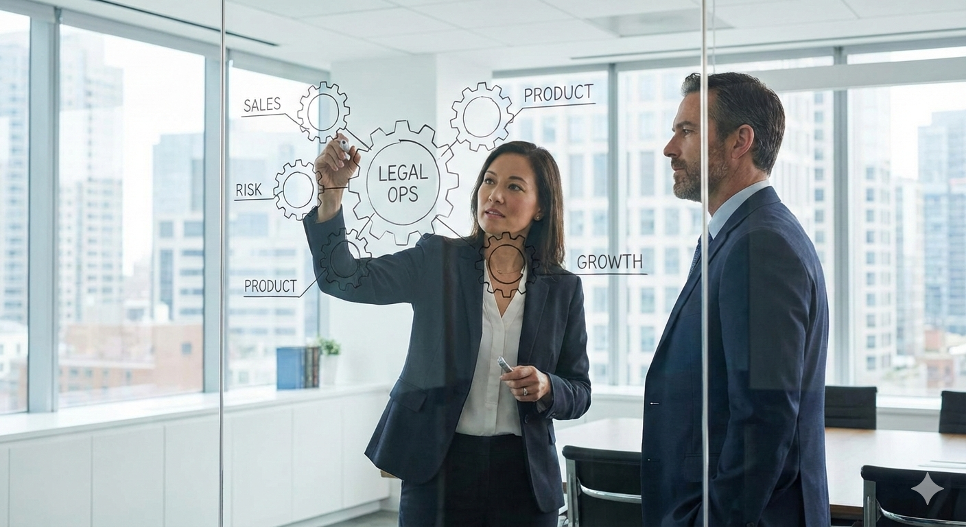 General Counsel and executive planning business growth strategy on a glass whiteboard with legal operations processes.