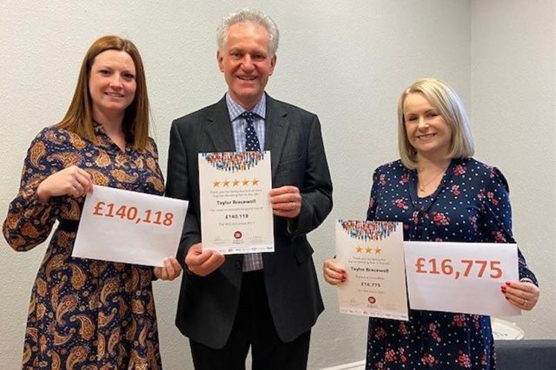 A man and two women are holding signs that say £ 140,118 and £ 16,775.