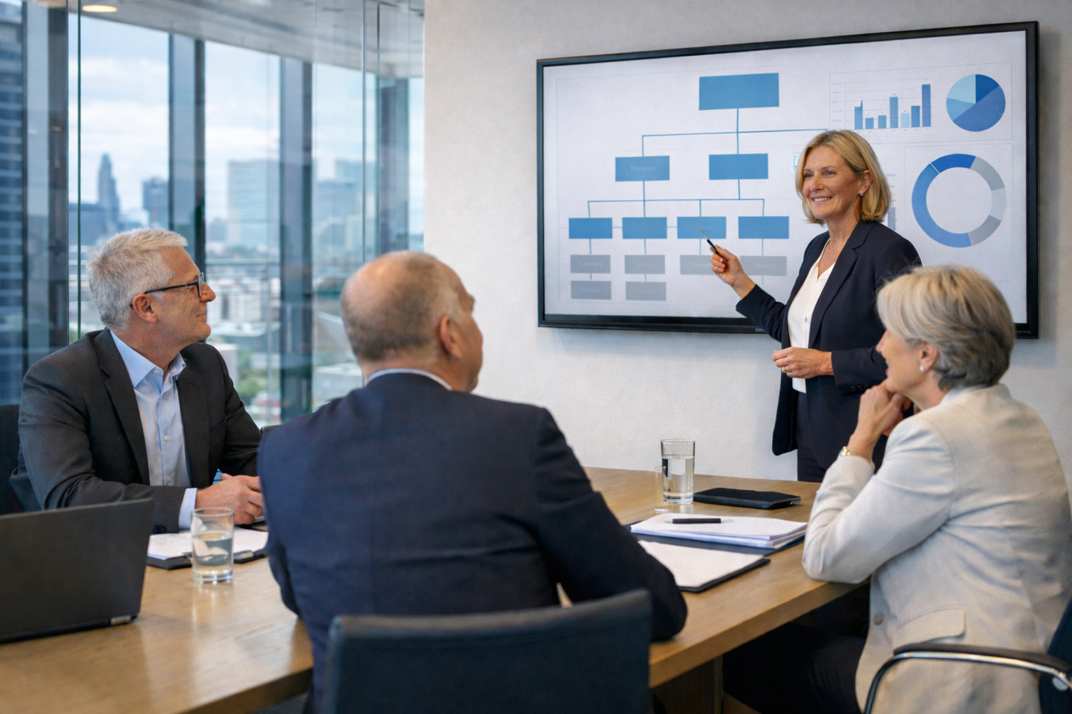 Law firm partners reviewing client relationship intelligence on screen in modern boardroom