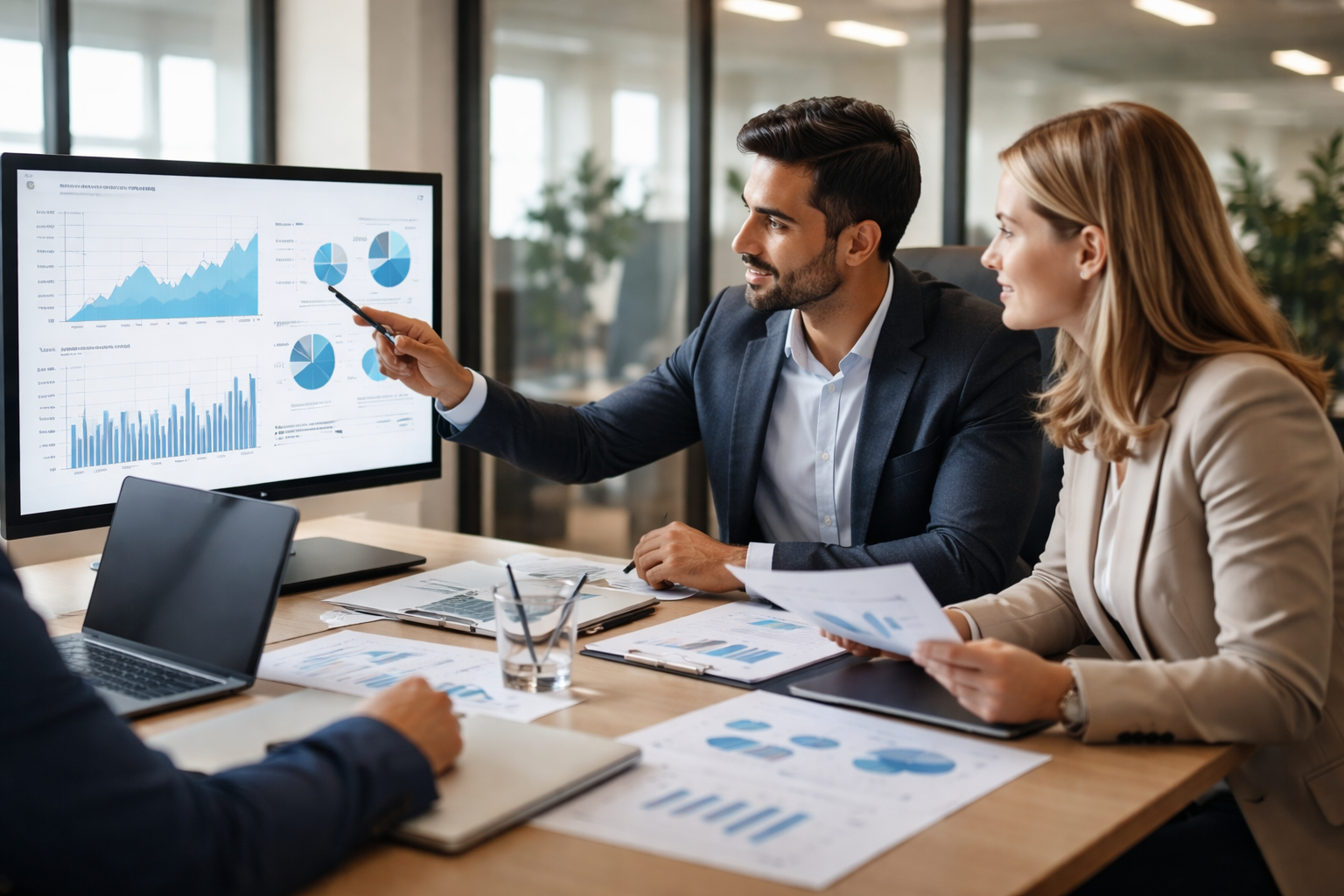 Consultants analysing market research data for law firm business development strategy