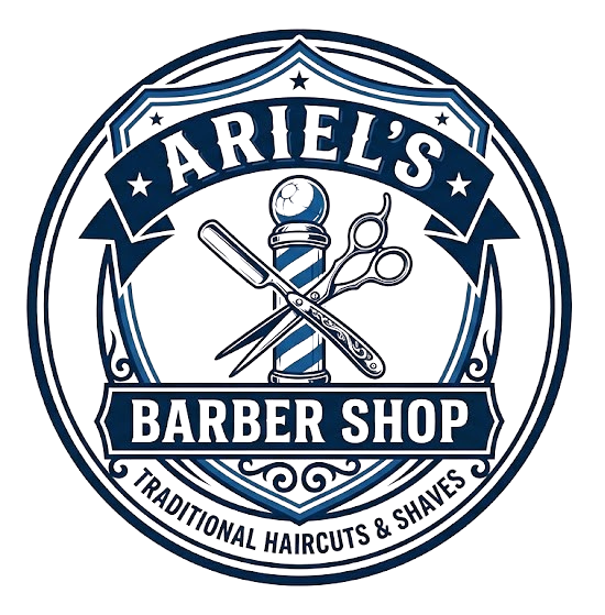 Ariel&rsquo;s Barber Shop logo with scissors, comb, and striped pole in blue and white