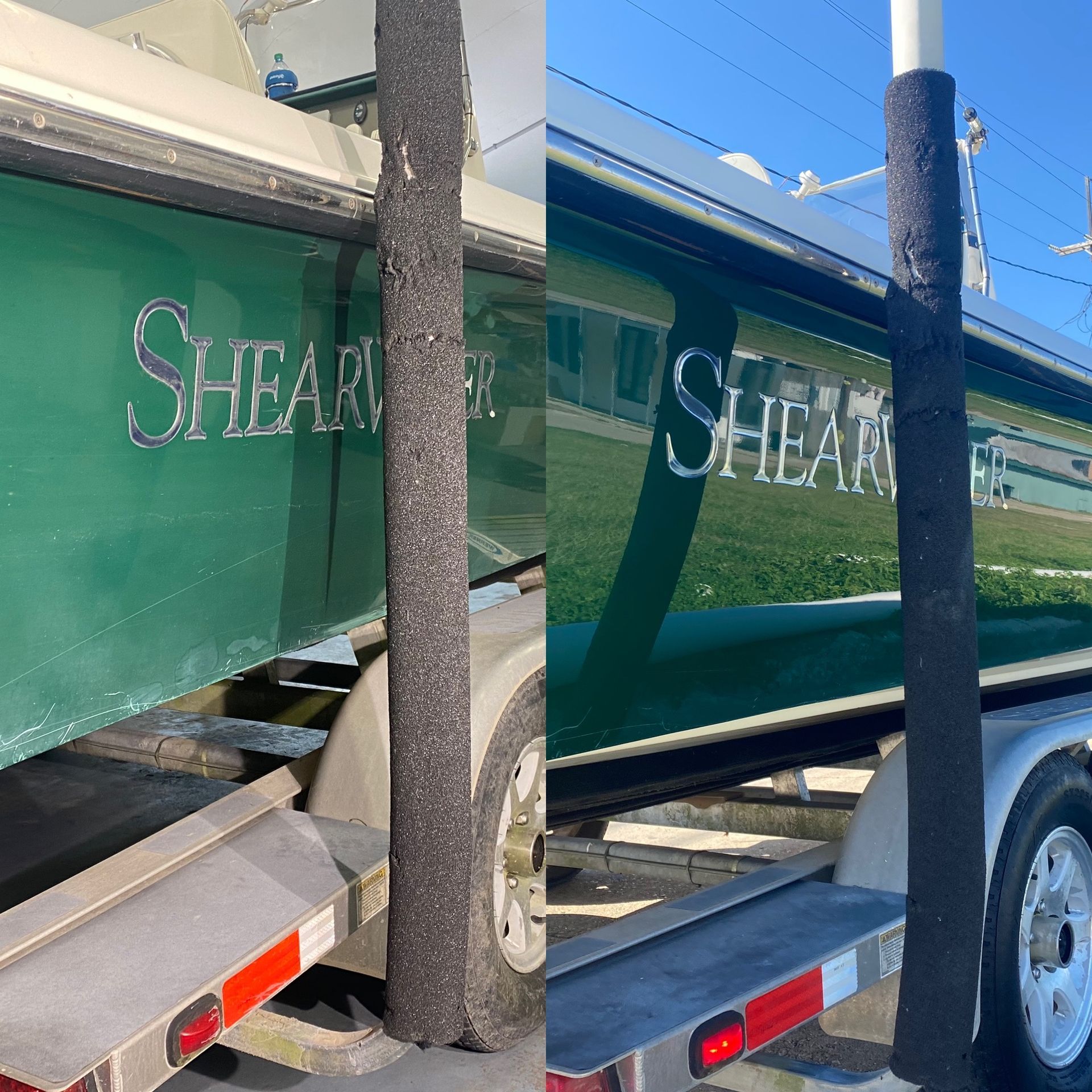 Two side-by-side photos of a green boat on a trailer, with the name