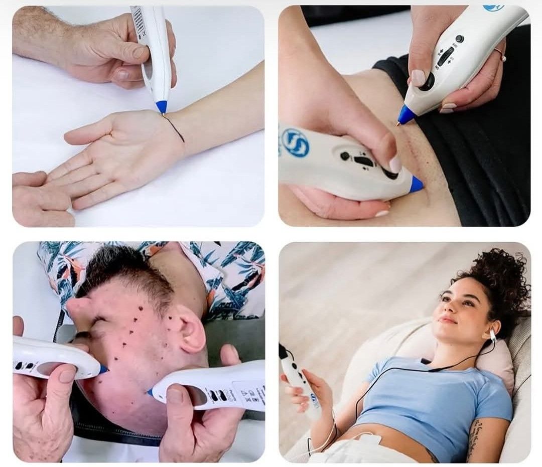 A four-panel composite shows people using a white handheld cosmetic device on different body parts, including skin and face.