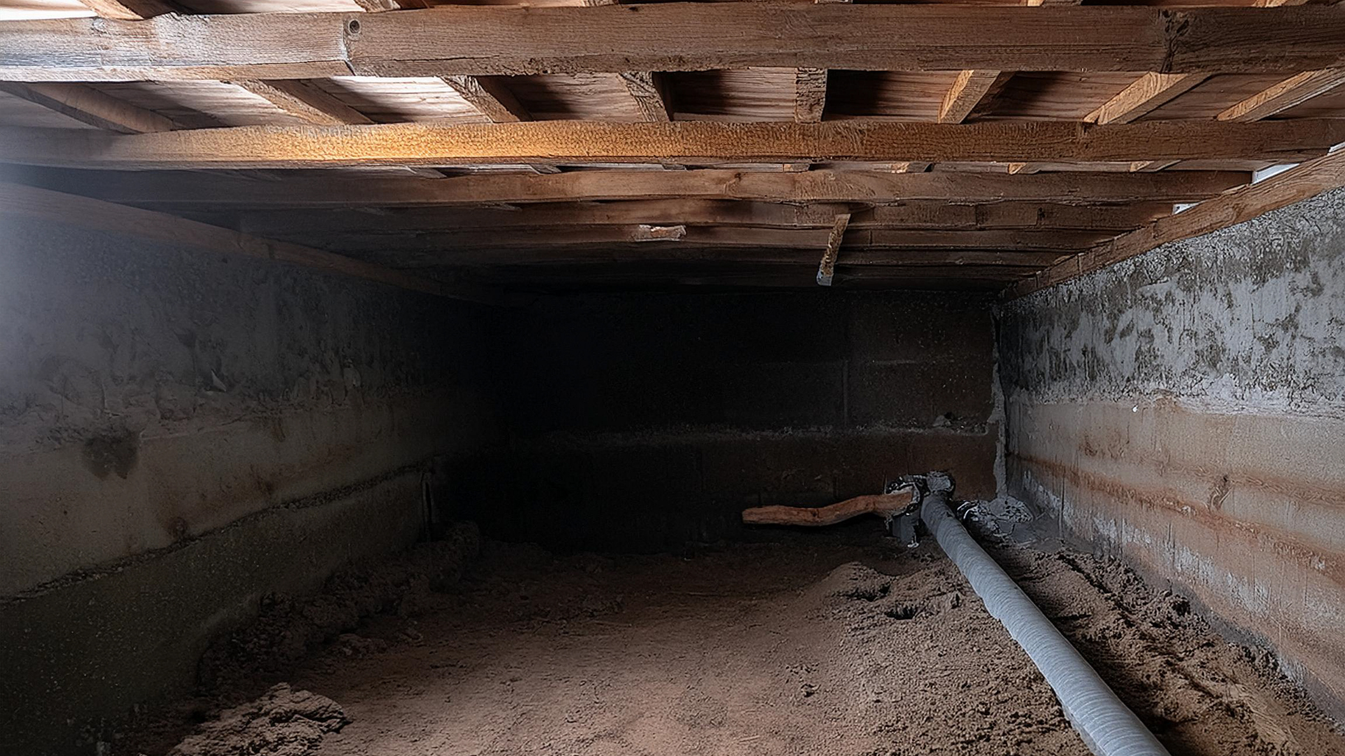 A dark room with a wooden ceiling and a pipe in it.