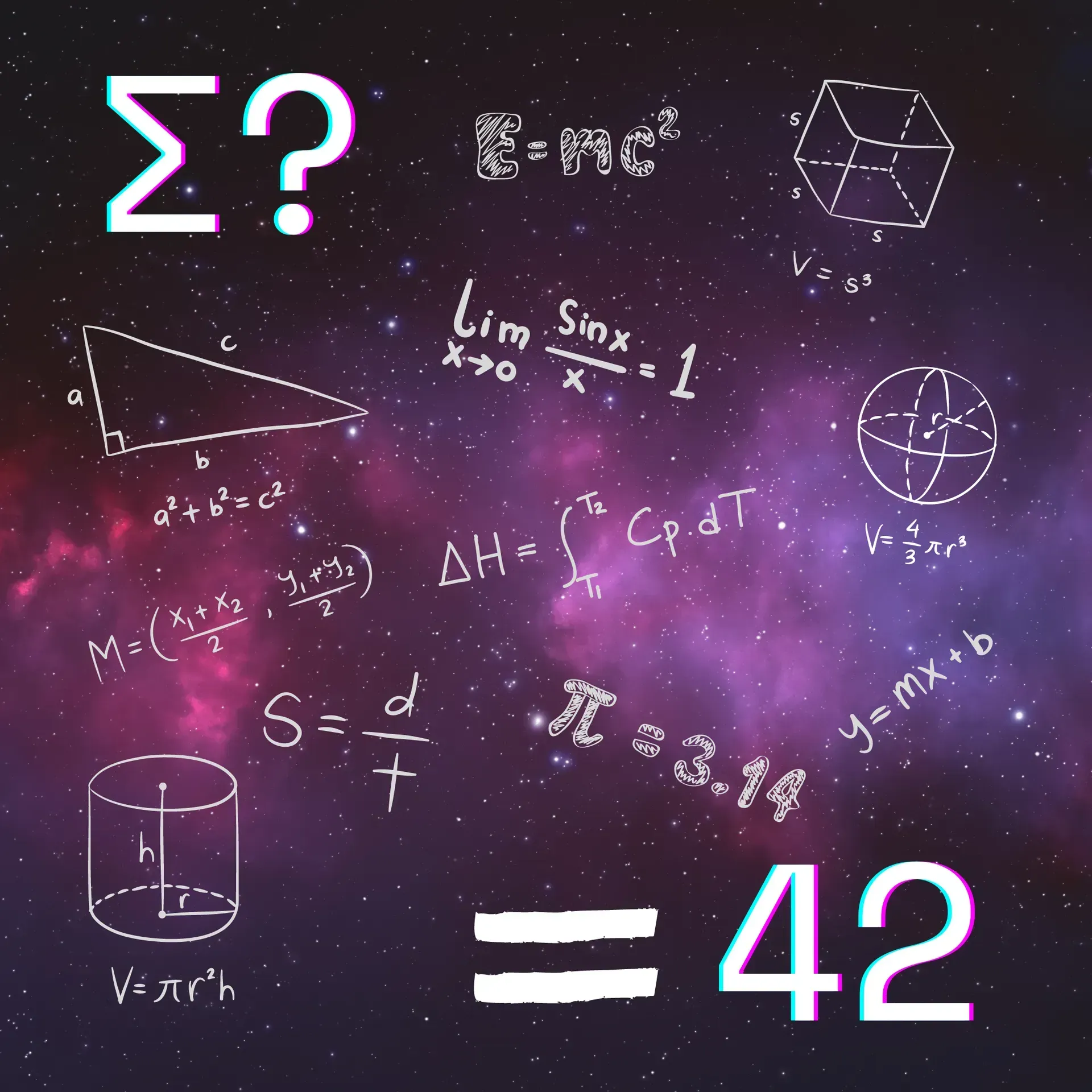 A purple background with mathematical equations and the number 42