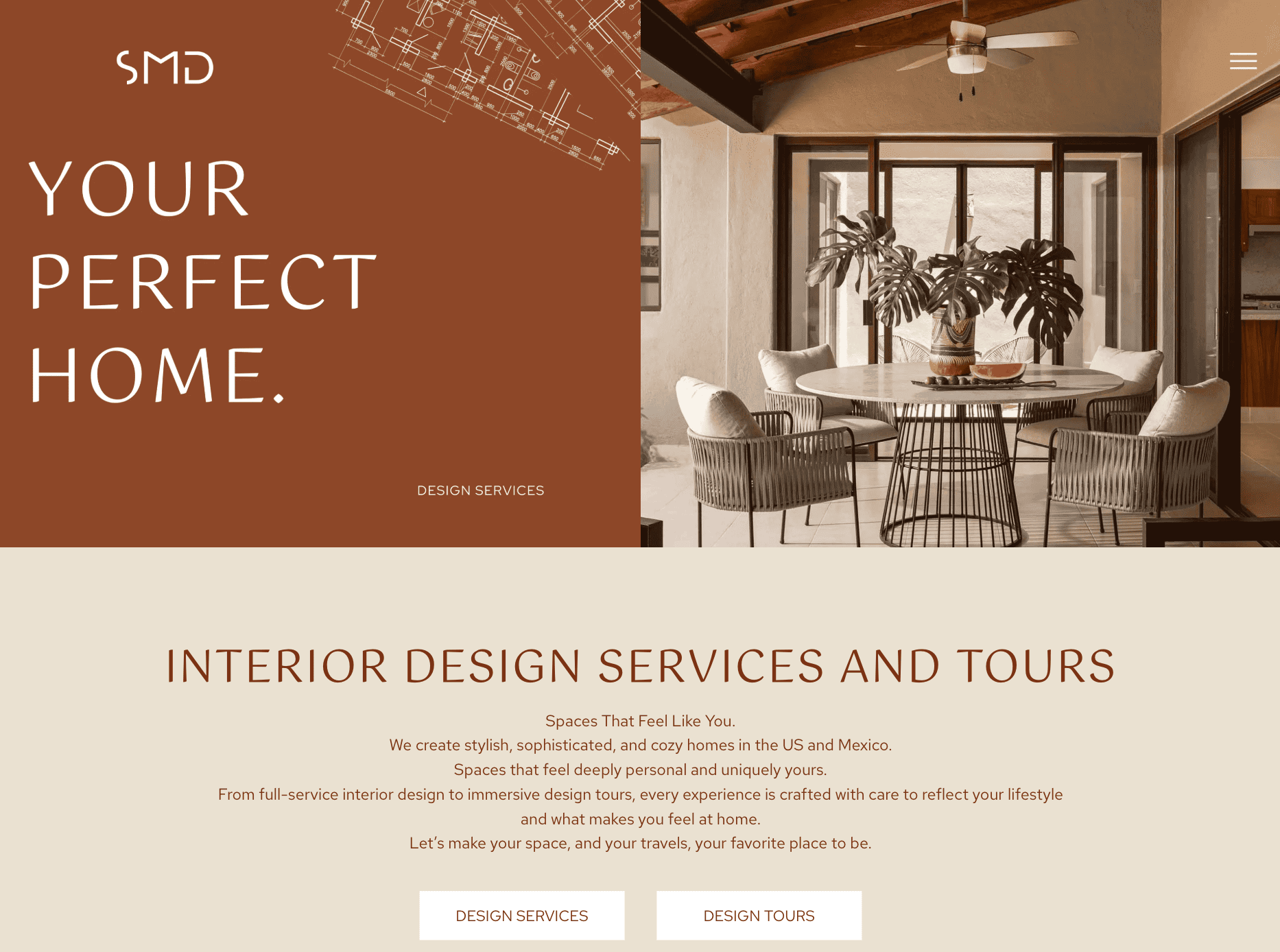 A screenshot of a website for interior design services and tours.