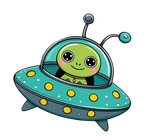 A cartoon alien is flying in an ufo.