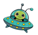 A cartoon alien is flying in an ufo.